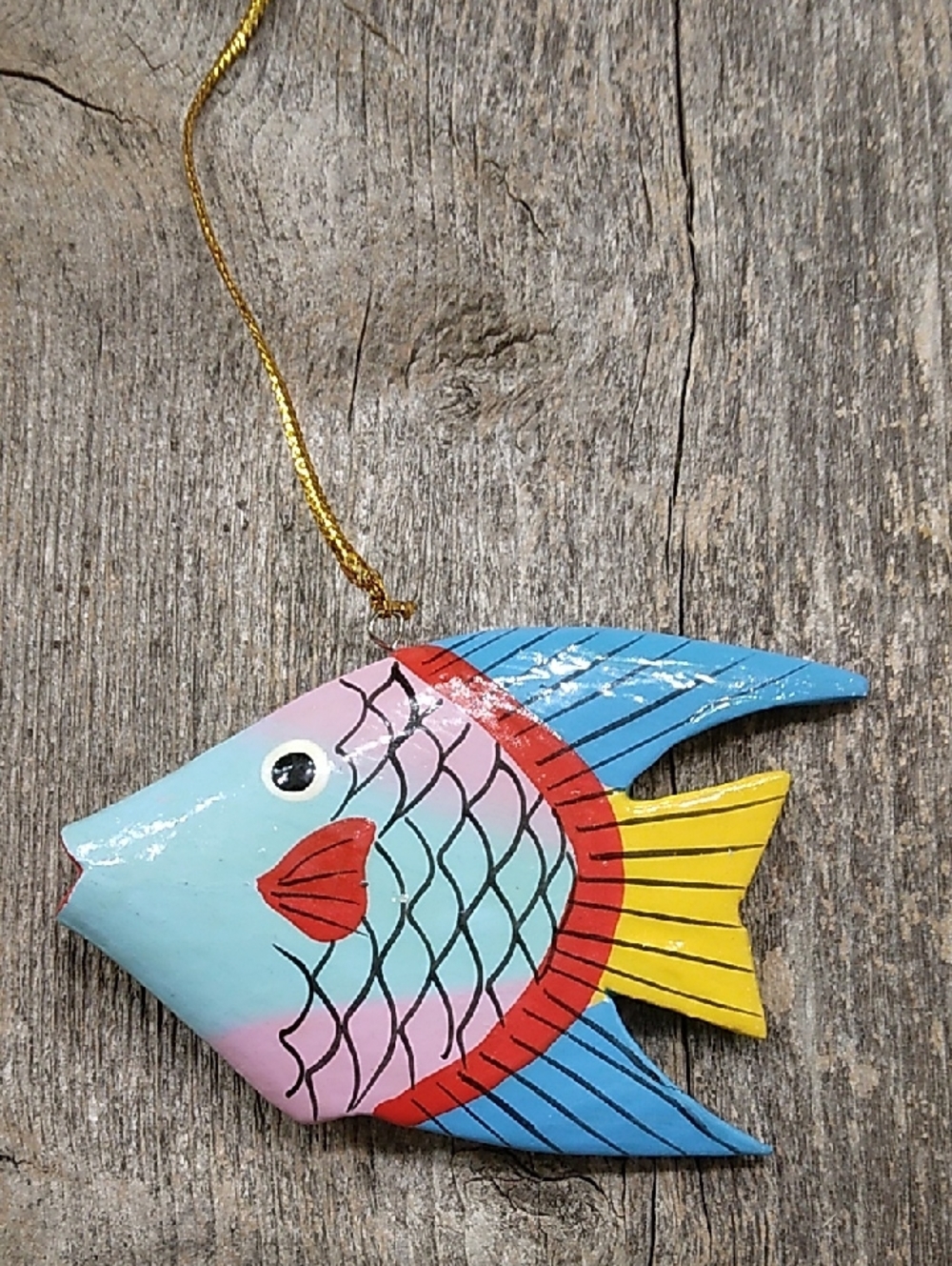 Handmade Wooden Fish Ornament - Blue, Pink & Yellow